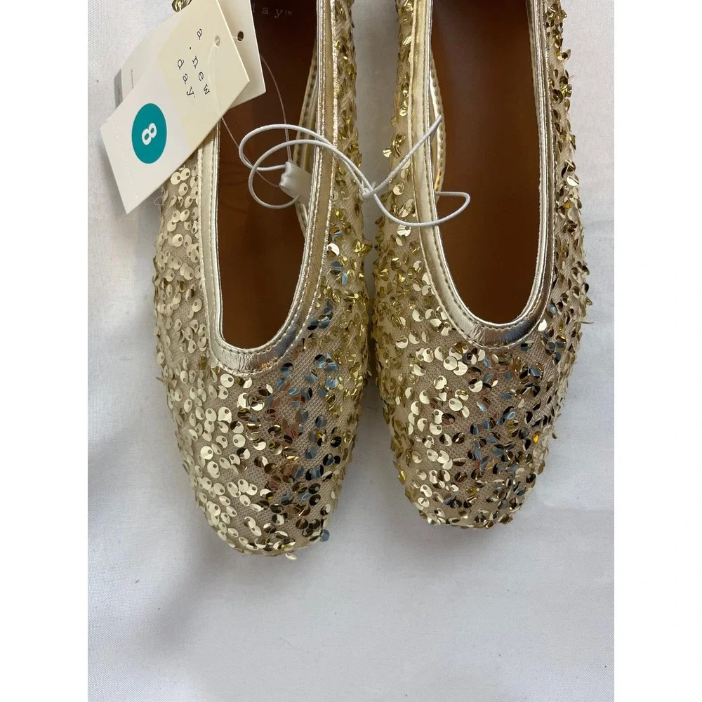 A‎ New Day Womens Gold Sequin Ballet Flats Memory Foam Slip On Shoes Size 8 NEW